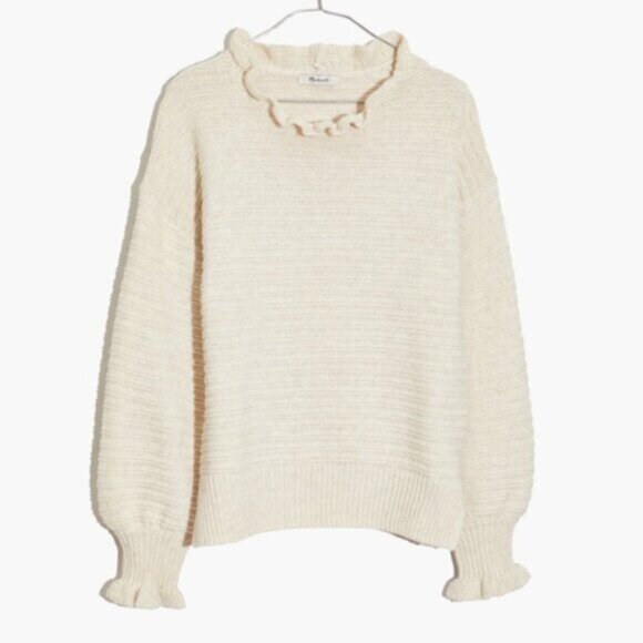 Madewell Ruffle-Neck Pullover Sweater Cotton-Merino Yarn Heather Oak - Picture 6 of 6